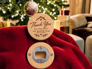 Custom laser engraved magnetic bottle opener for Realtor client holiday gifts