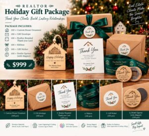 Realtor Holiday Gift Package with custom house ornaments, thank-you cards, ribbons and magnetic bottle openers